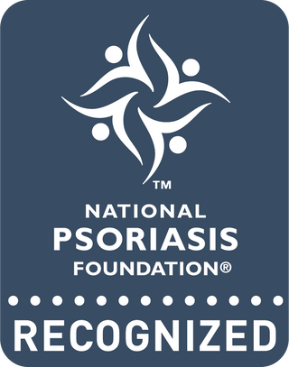 National Psoriasis Foundation Recognized logo, featuring a stylized design of four abstract human figures forming a circular pattern above the organizations name on a dark blue background.