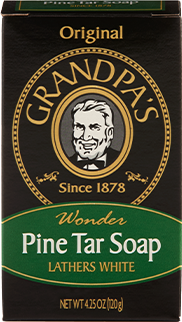 A box of Grandpa’s Wonder Pine Tar Soap, featuring a bearded man’s illustration, labeled “Original” and “Since 1878,” with text stating “Lathers White” and a net weight of 4.25 oz (120g).