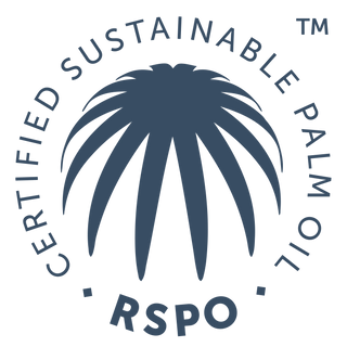 RSPO logo featuring a stylized palm frond in dark blue, encircled by the words Certified Sustainable Palm Oil RSPO on a light background.