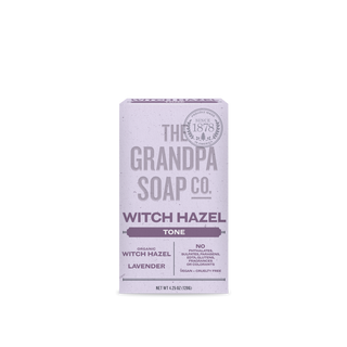 A lavender box of Witch Hazel Bar Soap, made with organic witch hazel for gentle cleaning. It's organic, vegan, cruelty-free, and free from sulfates, parabens, and artificial fragrances.