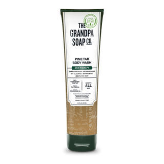 A tube of Pine Tar Body Wash, enriched with cedarwood oil, for all skin types; dermatologist recommended, skin therapy formula, and free of sulfates, phthalates, parabens, and artificial fragrances.