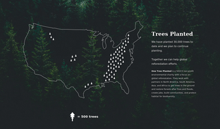 Map of the U.S. overlaid on a forest background, with tree icons showing locations where trees have been planted; each icon equals 500 trees. Text describes a tree planting initiative totaling 30,000 trees by One Tree Planted.